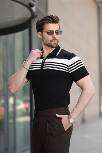 Siyah Fermuarlı Polo Yaka Erkek Triko T-shirt E7407