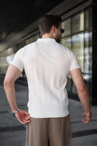 Beyaz Slim Fit Polo Yaka Triko Erkek Tişört E7491