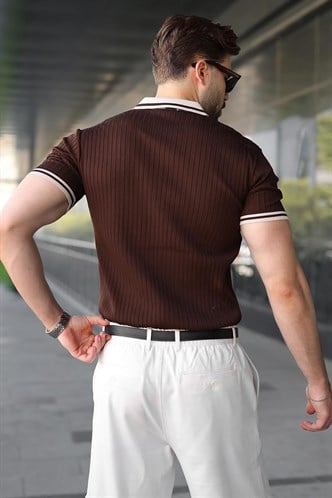 Kahverengi Yarım Fermuarlı Polo Yaka Triko Erkek Tişört E7501