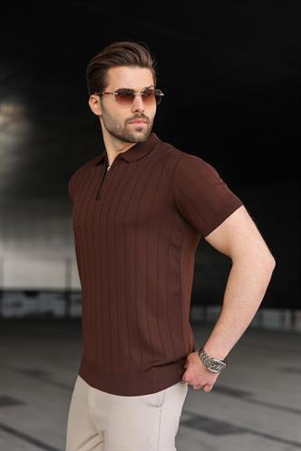 Madmext Kahverengi Polo Yaka Fermuarlı Erkek T-shirt E7298
