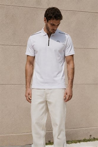 Erkek Beyaz Basic Fermuarlı Polo Tişört 6076