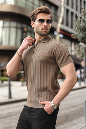 Açık Kahverengi Yarım Fermuarlı Polo Yaka Erkek Triko Tişört E7458