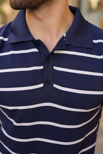 Lacivert Çizgili Polo Yaka Triko Erkek T-shirt E7405
