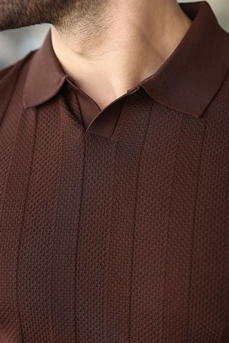 Kahverengi Slim Fit Polo Yaka Triko Erkek Tişört E7491