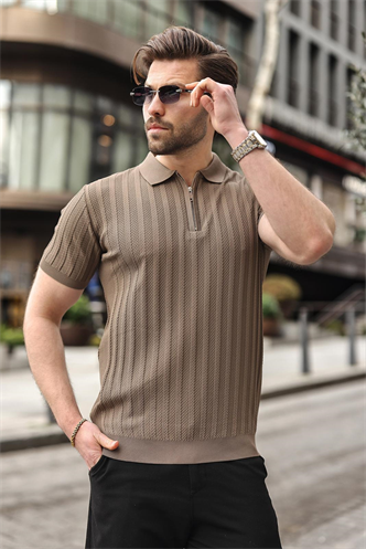 Açık Kahverengi Yarım Fermuarlı Polo Yaka Erkek Triko Tişört E7458