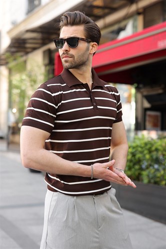 Acı Kahverengi Çizgili Polo Yaka Triko Erkek T-shirt E7405