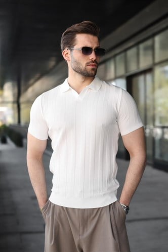 Beyaz Slim Fit Polo Yaka Triko Erkek Tişört E7491