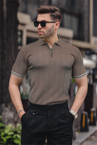 Madmext Erkek Açık Kahverengi Polo Yaka Fermuarlı Tişört 6876