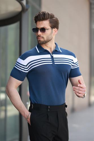 Lacivert Fermuarlı Polo Yaka Erkek Triko T-shirt E7407