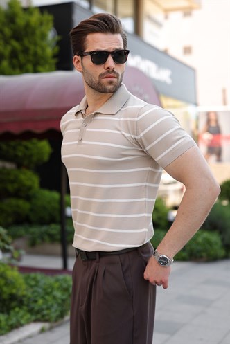 Bej Çizgili Polo Yaka Triko Erkek T-shirt E7405