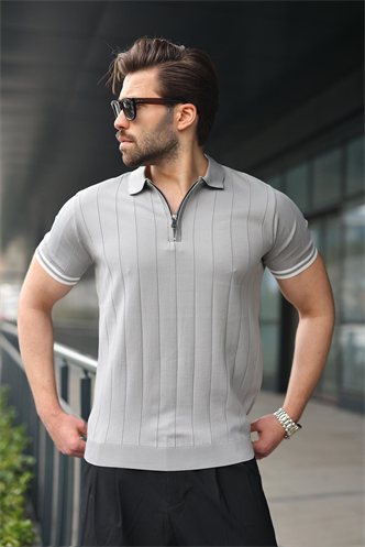 Madmext Erkek Gri Polo Yaka Fermuarlı Tişört 6876