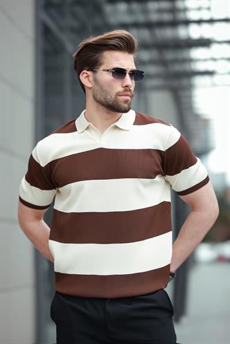 Kahverengi Polo Yaka Çizgili Erkek Triko Tişört E7411