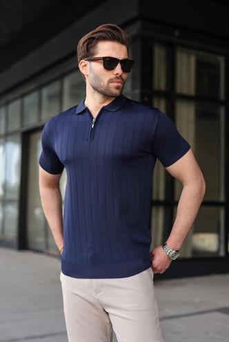 Madmext Lacivert Polo Yaka Fermuarlı Erkek T-shirt E7298