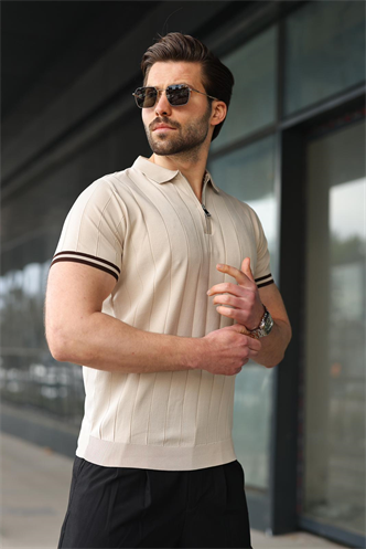 Madmext Erkek Taş Rengi Polo Yaka Fermuarlı Tişört 6876