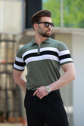 Haki Fermuarlı Polo Yaka Çizgili Erkek Tişört E7406