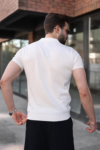 Beyaz Delikli Polo Yaka Erkek Triko Tişört E7495