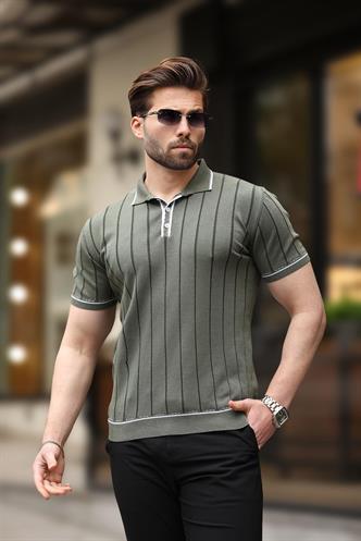 Haki Düğmeli Polo Yaka Triko Erkek Tişört E7408