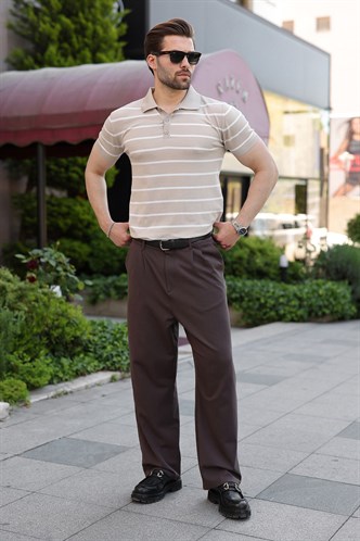 Bej Çizgili Polo Yaka Triko Erkek T-shirt E7405