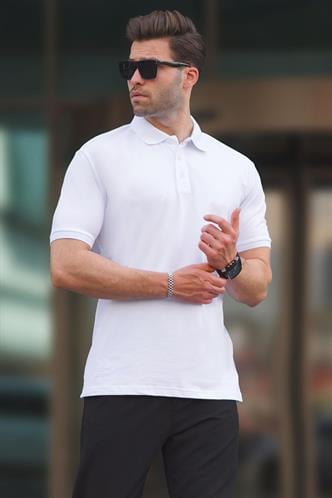 Beyaz Overfit Kısa Kollu Polo Yaka Erkek Tişört 7029