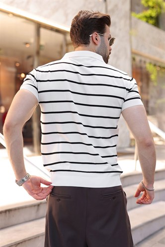 Beyaz Çizgili Polo Yaka Triko Erkek T-shirt E7405