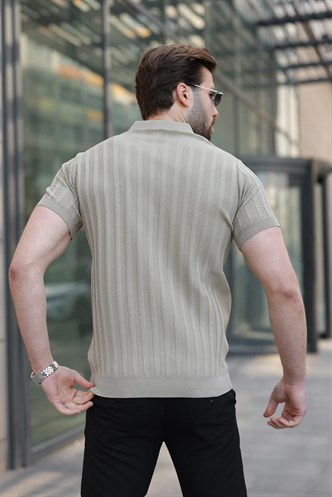 Kum Rengi Yarım Fermuarlı Polo Yaka Erkek Triko Tişört E7458