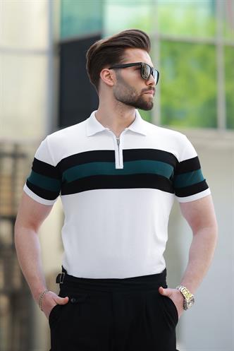 Beyaz Fermuarlı Polo Yaka Çizgili Erkek Tişört E7406