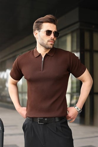 Kahverengi Yarım Fermuar Detaylı Polo Yaka Triko Erkek Tişört E7492