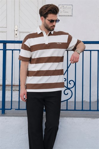 Kahverengi Oversize Renk Bloklu Polo Yaka Tişört E7120