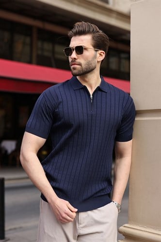 Lacivert Polo Yaka Slim Fit Triko Erkek Tişört E7465