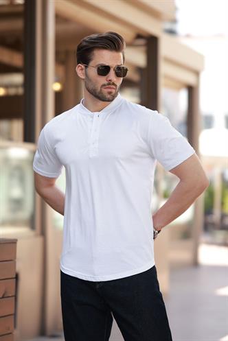 Beyaz Hakim Yaka Düğme Detaylı Kısa Kollu Tişört 7021
