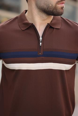Kahverengi Fermuarlı Polo Yaka Triko Erkek T-shirt E7299