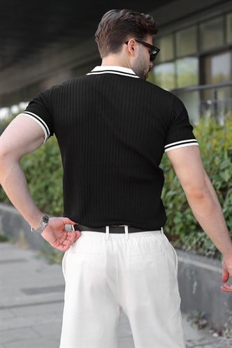 Siyah Yarım Fermuarlı Polo Yaka Triko Erkek Tişört E7501