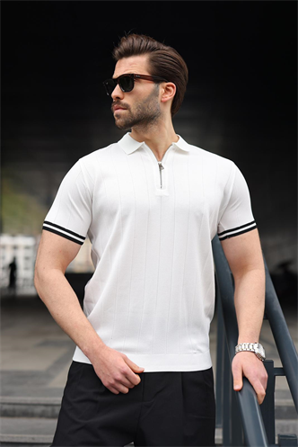 Madmext Erkek Beyaz Polo Yaka Fermuarlı Tişört 6876
