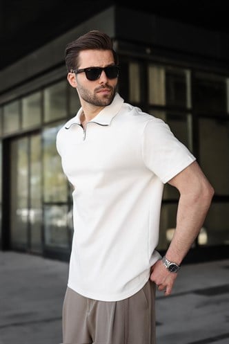 Ekru Yarım Fermuar Detaylı Polo Yaka Erkek Tişört E7184