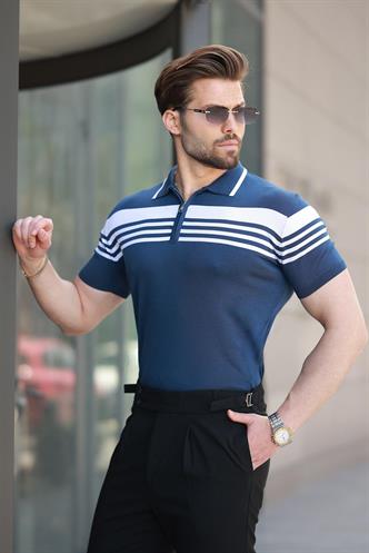 Lacivert Fermuarlı Polo Yaka Erkek Triko T-shirt E7407