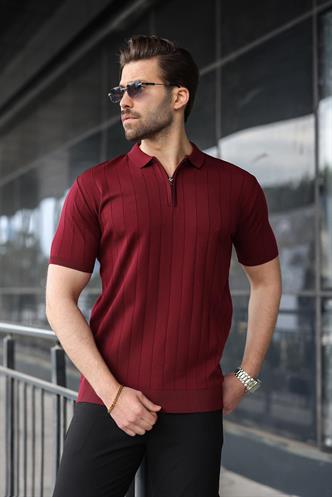 Madmext Bordo Polo Yaka Fermuarlı Erkek T-shirt E7298