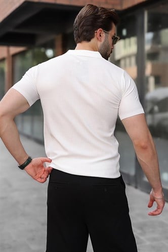 Beyaz Çıt Kapamalı Polo Yaka Triko Erkek Tişört E7493