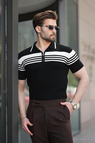 Siyah Fermuarlı Polo Yaka Erkek Triko T-shirt E7407