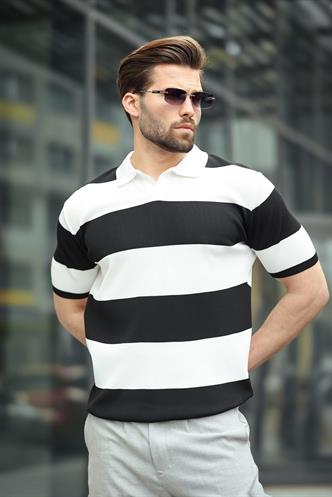 Siyah Polo Yaka Çizgili Erkek Triko Tişört E7411