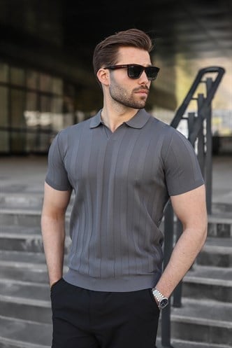 Antrasit Slim Fit Polo Yaka Triko Erkek Tişört E7491