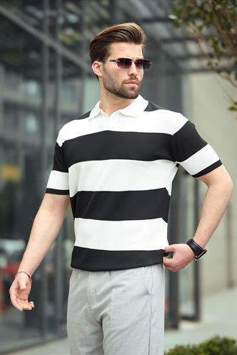Siyah Polo Yaka Çizgili Erkek Triko Tişört E7411