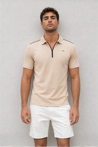 Erkek Bej Basic Fermuarlı Polo Tişört 6076