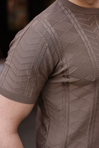 Açık Kahverengi Bisiklet Yaka Slim Fit Triko Erkek Tişört E7466