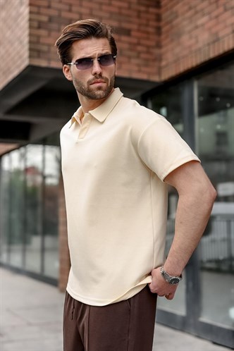 Bej Polo Yaka Oversize Erkek Tişört E7185