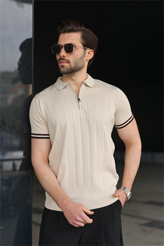 Madmext Erkek Taş Rengi Polo Yaka Fermuarlı Tişört 6876