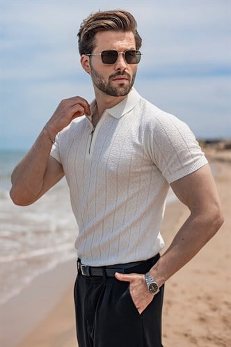 Ekru Regular Fit Polo Yaka Triko Erkek Tişört E7503