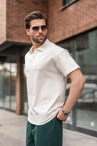 Ekru Polo Yaka Oversize Erkek Tişört E7185