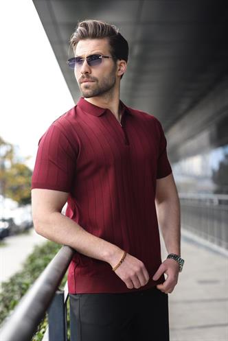 Madmext Bordo Polo Yaka Fermuarlı Erkek T-shirt E7298