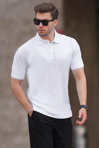 Beyaz Overfit Kısa Kollu Polo Yaka Erkek Tişört 7029
