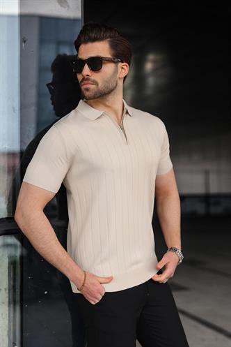 Madmext Taş Rengi Polo Yaka Fermuarlı Erkek T-shirt E7298